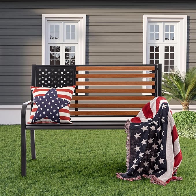 45.7 Inch American Flag Outdoor Bench - Patriotic Stars and Stripes Garden Bench with Heavy Duty Cast Iron Frame & Weather Resistant Steel Slats - Rustic Porch Furniture for Backyard, Memorial