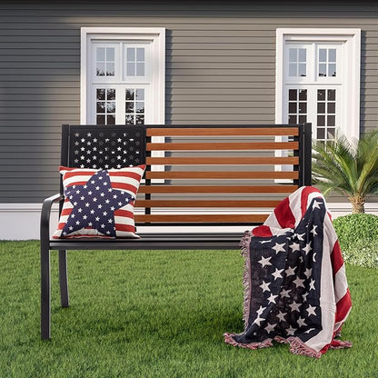 45.7 Inch American Flag Outdoor Bench - Patriotic Stars and Stripes Garden Bench with Heavy Duty Cast Iron Frame & Weather Resistant Steel Slats - Rustic Porch Furniture for Backyard, Memorial