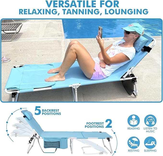 Oversized Extra Wide Tanning Chair with Sun Canopy Face Hole Padded Adjustable Washable, Heavy Duty Layout Folding Lounge Chair for Outside Beach Reading Sunbathing, UPF 50+, XL, Plus Size, 330 LBS