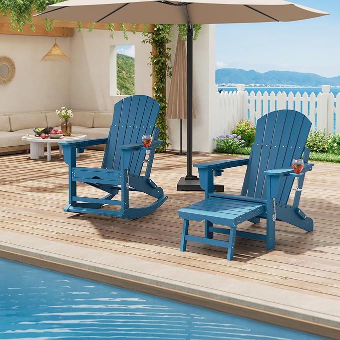 GarveeLife Adirondack Outdoor Rocking Chairs for Porch, Folding Adirondack Rocker Chair With Two Cup Holders, HDPE All Weather Outdoor Adirondacks Rocking Chair