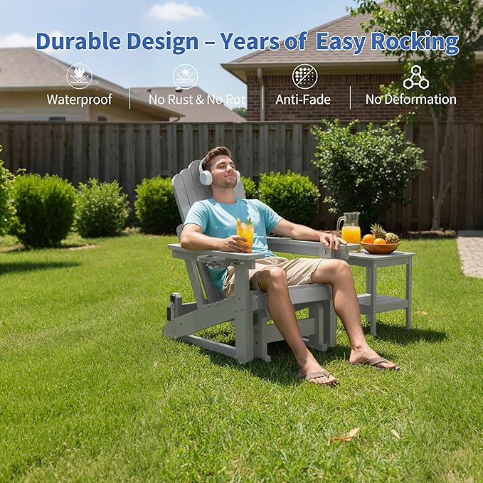 HDPE Outdoor Glider Chair,3-Position Adjustable Backrest Patio Glider, All-Weather Glider Rocker Chair with Cup Holders,Porch Glider for Outside,Deck,Fire Pit, Poolside,400LBS Capacity (Grey)