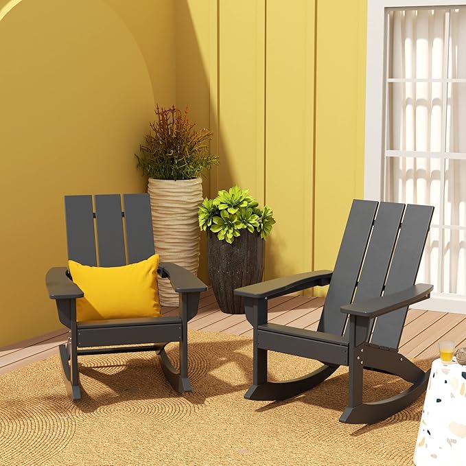 WO WESTIN OUTDOOR HDPE Shoreside Modern Rocking Poly Adirondack Chair (Set of 2),Gray