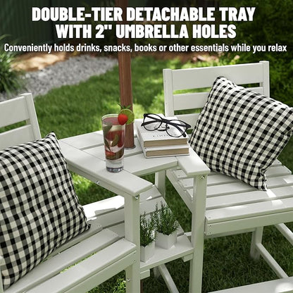 FOOWIN Tall Adirondack Chair Set of 2,HDPE Adirondack Bar Stools with Removable Connecting Trays,Weather Resistant Balcony Chair,Outdoor Adirondack Bar Chairs for Patio,Pool,Garden, Backyard White