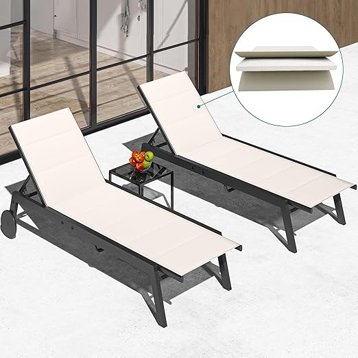 YITAHOME Patio Chaise Lounge Set of 3, Outdoor Lounge Chairs with Side Table, Padded Fabric, and Wheels, Adjustable Backrest Poolside Loungers for Pool Beach Patio Porch - Beige
