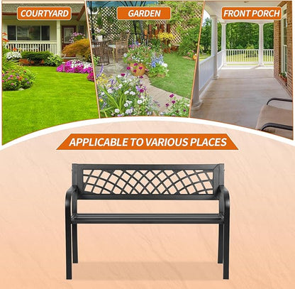BSTOPHKL Outdoor Bench,Patio Garden Benches,Metal Weatherproof Porch Bench with Grid-Patterned Backrest and Armrest for Park Courtyard Porch,Bearing Capacity 480lbs,Black