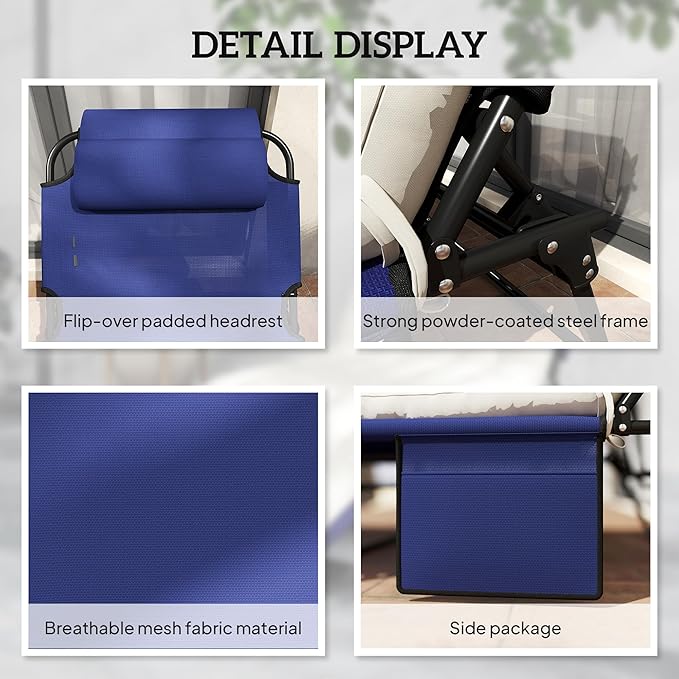 Outsunny Folding Chaise Lounge with 4-Level Reclining Back, Outdoor Tanning Chair with Cushion, Outdoor Lounge Chair with Breathable Mesh Fabric, Side Pocket, Headrest, Navy Blue
