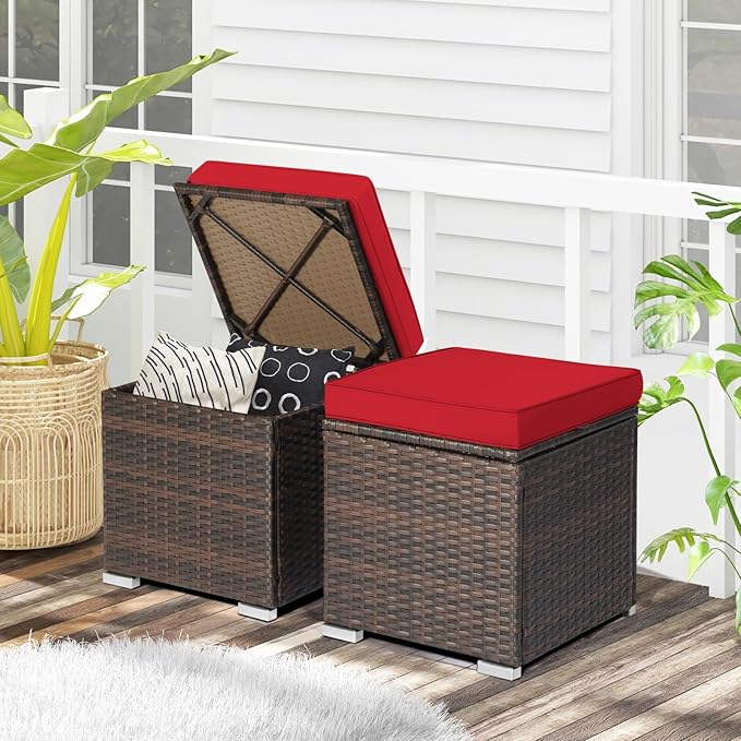 RELAX4LIFE Wicker Outdoor Storage Ottoman, 2-Piece Rattan Footstool w/Removable Cushion - Photo 9