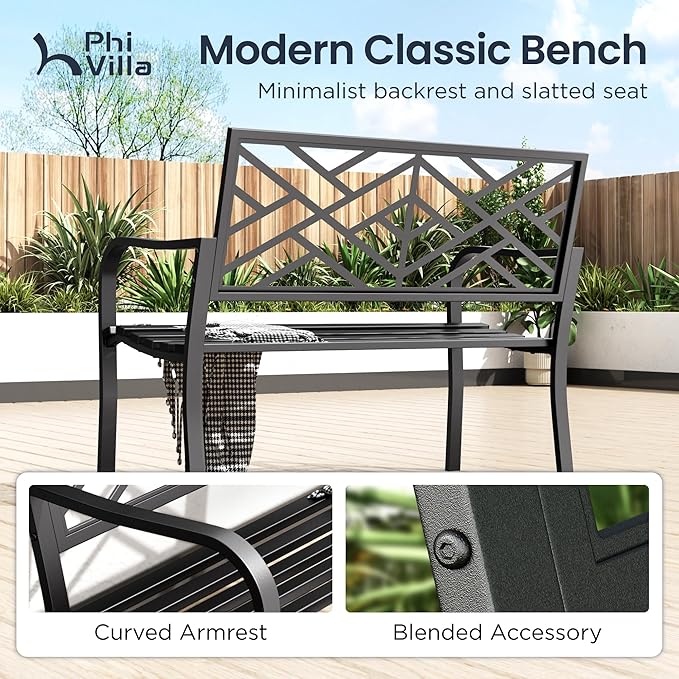 PHI VILLA 43 Inch Cast Iron Steel Frame Outdoor Garden Bench, Patio Furniture Chair Bench w/Line Pattern Design Backrest - Photo 5