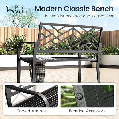 PHI VILLA 43 Inch Cast Iron Steel Frame Outdoor Garden Bench, Patio Furniture Chair Bench w/Line Pattern Design Backrest, Slatted Seat for Park, Yard, Porch - Black