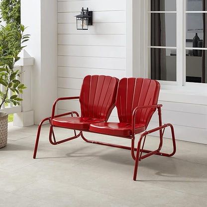 Crosley Furniture Ridgeland Retro Metal Outdoor Loveseat Glider, 2-Person Rocking Patio Bench for Porch, Bright Red Gloss