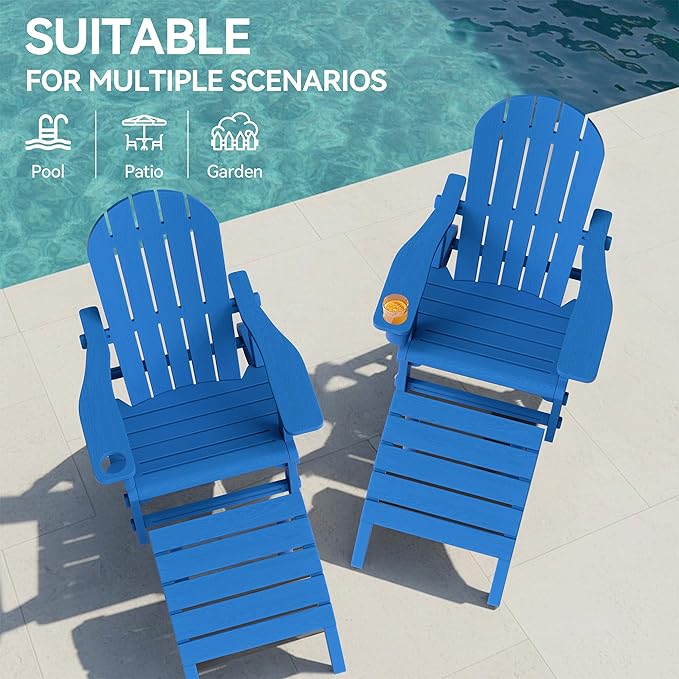 Vongrasig Adirondack Chairs Set of 2 with Removable Tabletop and Footrest, All-Weather HDPE Outdoor Chair Set with Wooden Textured, Cup Holder for Patio, Poolside, Deck, Garden, Light Blue