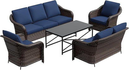 5 Pieces Outdoor Patio Rattan Conversation Furniture Set with Cushions, 78" 3-Seat Wicker Sofa, 55" 2-Seat Couch, 2 Armchairs, Metal Coffee Table for Garden (Navy Blue)