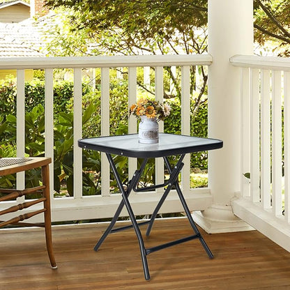 Tangkula Patio Bistro Table, 18" Square Glass Top Side Table with Rustproof Frame, Folding Coffee Table for Patio, Balcony, Backyard, Poolside(Black)