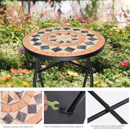 VCUTEKA Mosaic Outdoor Side Table - Small Patio Table Coffee Outside Accent Tables Round End Plant Tables for Bistro Balcony Porch Outdoor Benches 14'' Brown