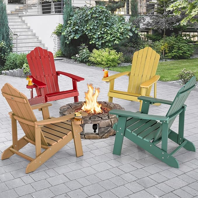 Giantex Outdoor Adirondack Chair - Oversized Patio Chairs w/Hidden Cup Holder, Realistic Wood Grain, 380 LBS Weight Capacity, Weather Resistant Firepit Chairs for Backyard, Garden (1, Teak)