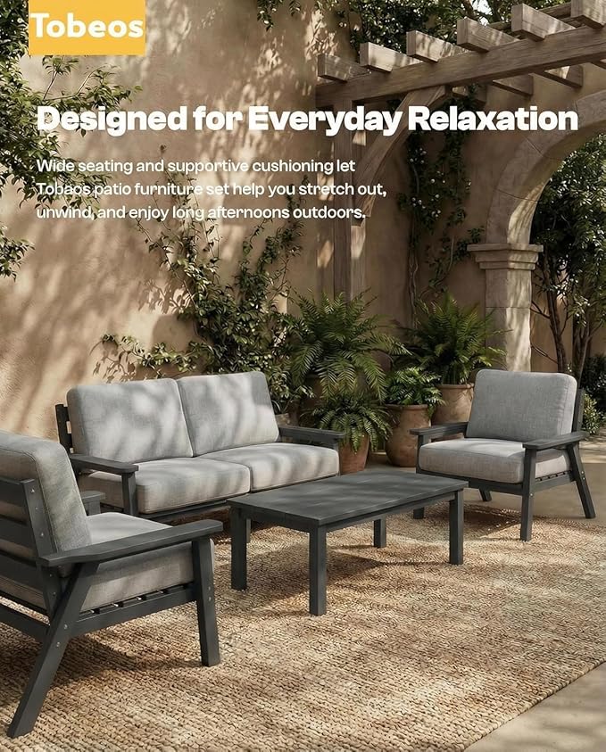 HDPE Patio Furniture Set 8 Seats, Outdoor Couch with Washable Thick Gray Cushions & Side Table, Outdoor Sectional Furniture for Backyard, Deck, Lawn, Porch (Gray Frame)