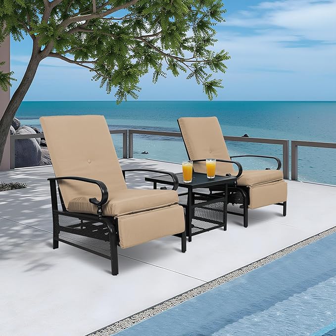 Incbruce 3 Pieces Outdoor Lounge Recliner Set, 2 Adjustable Metal Recliner Sofa Chair and Umbrella Stand Side Square Table Suitable for Garden, Pool, Yard (Brown)
