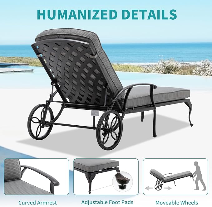 HOMEFUN Outdoor Chaise Lounge Chair with Cushion - Poolside Set of 1 Chair for Outside Cast Aluminum Waterproof Lounger with Wheels and Adjustable Reclining (Gray Cushion)