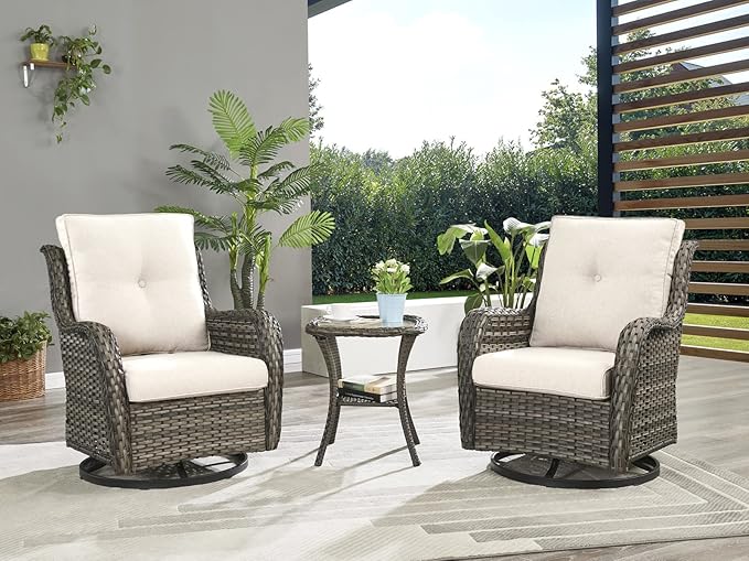 Rilyson Wicker Rocking Chair Swivel Chairs - 3 PC Rocker Patio Furniture Set Rattan Rocking Bistro Sets with Glass Top - Photo 1