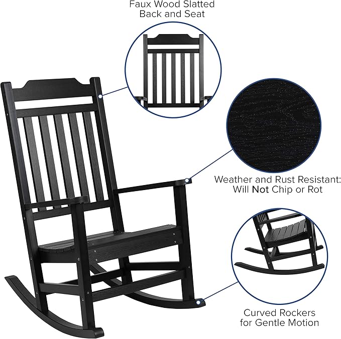 Flash Furniture Set of 2 Winston All-Weather Rocking Chair in Black Faux Wood