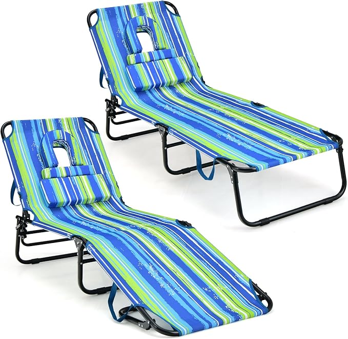 Giantex Tanning Chair, Folding Beach Chair, Adjustable Patio Lounge Chair with Face Hole, Removable Pillows, Carry Strap, Layout Chair, Set of 2 Outdoor Chaise Lounger for Poolside Yard Lawn