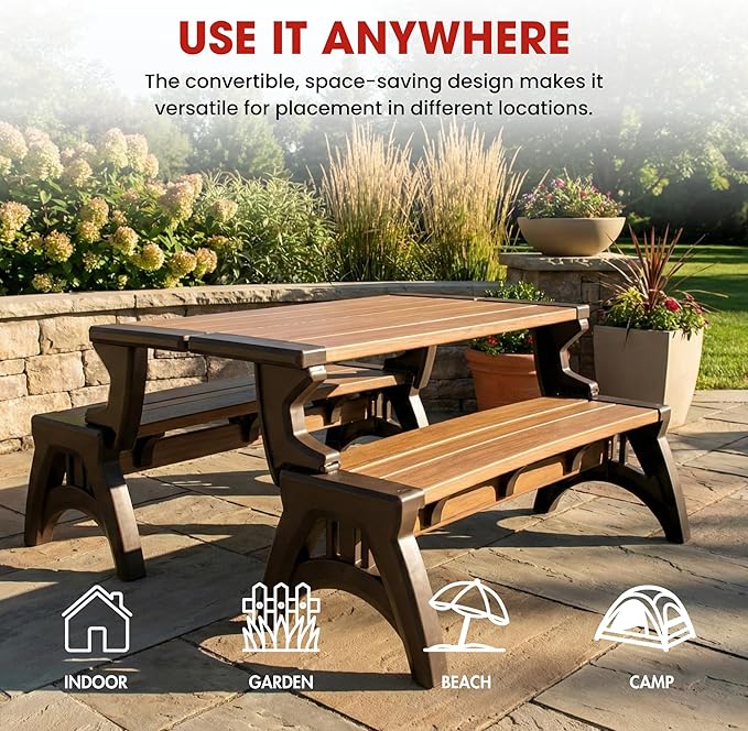 Convert-a-Bench 2-in-1 Outdoor Bench & Picnic Table - Foldable, Weather-Resistant Seating - Perfect for Patio, Lawn, Garden, or Deck - Durable & Easy Assembly - 1 Bench/Order, Espresso