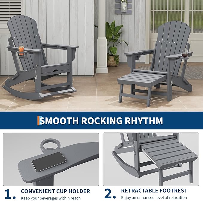 GAOMON 4-in-1 Folding HDPE Adirondack Chair with Retractable Ottoman & Removable Rocking Base, All-Weather Outdoor Patio Chair with Large Cup Holder, 400lbs Capacity, for Garden Lawn, Grey