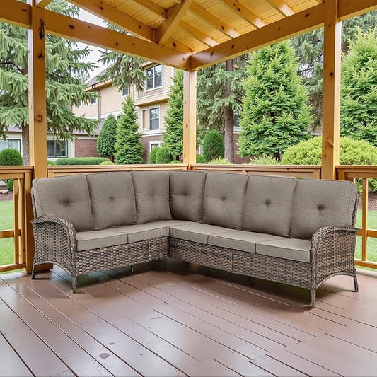 Belord 6-Seater Outdoor Sectional Sofa L Shaped Couch Patio Conversation Furniture Set, PE Wicker Patio Sectional Sofa with Removable Gray Cushion for Deck Backyard Sunroom