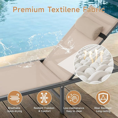 ONBRILL 2 PCS Chaise Lounge Chair Outdoor, Foldable & Assembly Free Outdoor Lounge Chair with 5 Position Adjustable Backrest, Aluminum Pool Lounge Chairs for Outside Poolside Patio Beach Lawn, Khaki
