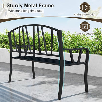 Tangkula 51” Metal Outdoor Garden Bench, Patio Slatted Park Bench for 2-3 People, Park-Style Loveseat with Curved Armrests, Heavy-Duty Outdoor Seating for Backyard, Lawn, Porch