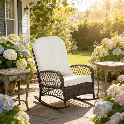 Outdoor Wicker Rocking Chair, PE Rattan Patio Rocker with Cushioned Removable Washable Covers for Porch, Garden, Backyard, Balcony(White)