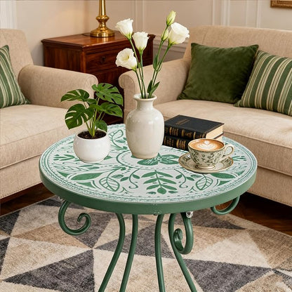 Outdoor Side Table & Mosaic Plant Stand, 14" Ceramic Tile Top Round End Table Accent Table, Indoor Outdoor Coffee Tea Table for Yard Porch Garden Patio Living Room Bedroom