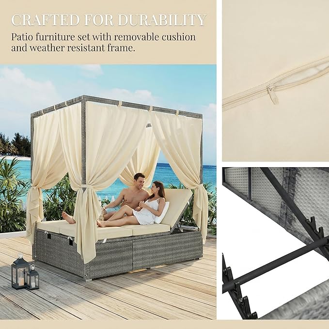 Harper & Bright Designs Adjustable Outdoor Sun Lounger with Canopy,Multi-Position Recline Patio Chair with Removable Cushion,Weather-Resistant Rattan Chaise Lounge for Poolside,Garden & Terrace,Beige
