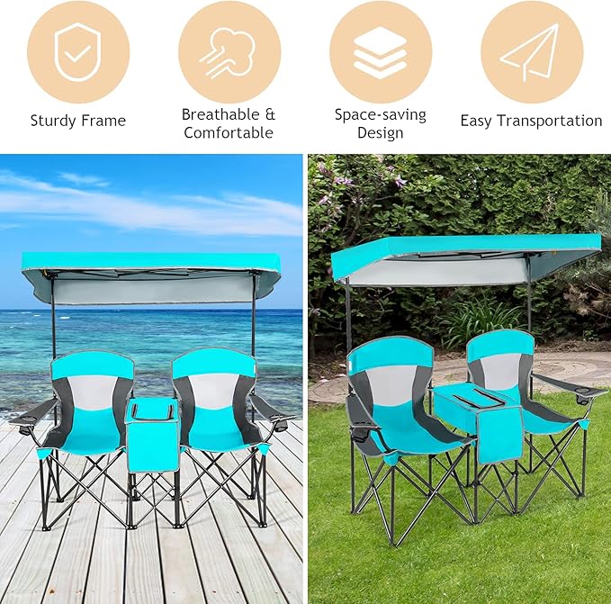 S AFSTAR Double Camping Chair w/Shade Canopy, 2-Person Folding Camp and Beach Chair with Mini Table Beverage Cup Holder Carrying Bag, Collapsible Camping Chairs for Garden Patio Pool Beach