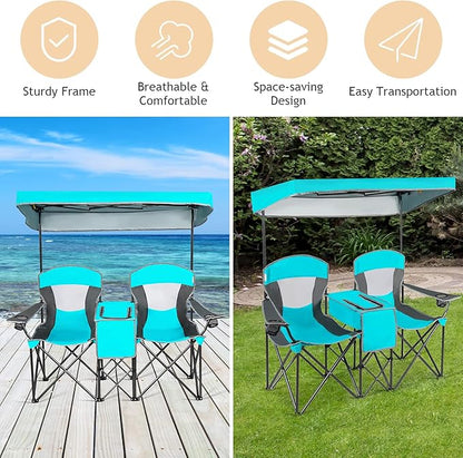 S AFSTAR Double Camping Chair w/Shade Canopy, 2-Person Folding Camp and Beach Chair with Mini Table Beverage Cup Holder Carrying Bag, Collapsible Camping Chairs for Garden Patio Pool Beach