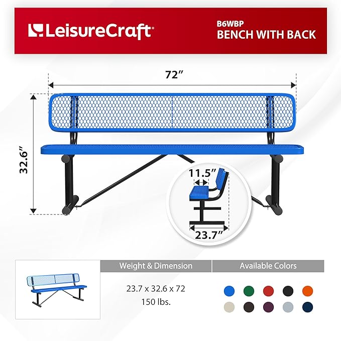 Leisure Craft Metal Outdoor Bench with Back - 6 Foot Heavy Duty Bench Seating for Garden, Porch, Picnic, Park, Expanded Metal, Thermoplastic Coating, Commercial Grade Furniture Made in USA - Blue