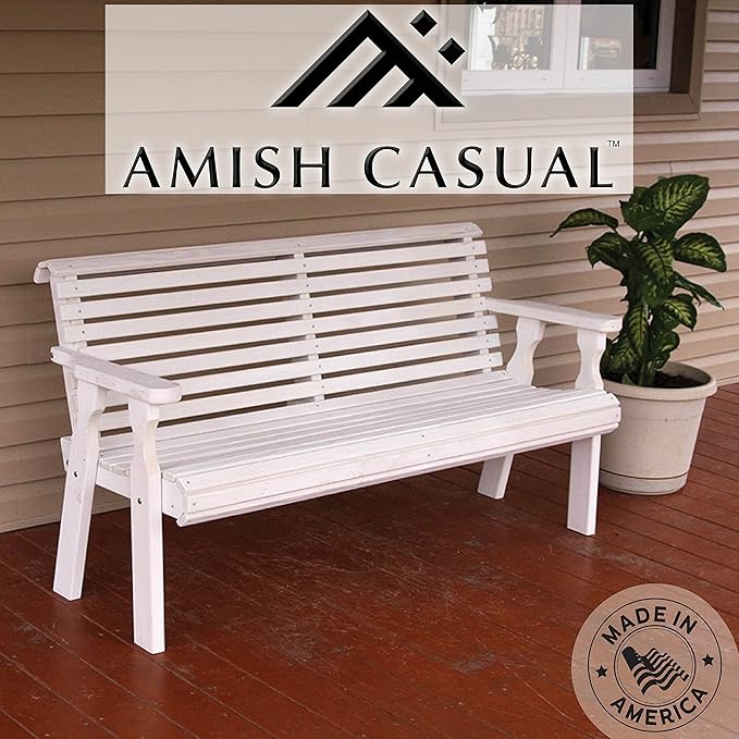 Amish Casual Heavy Duty 4 Foot Roll Back Outdoor Bench in White Stain - Amish Made in The USA from Treated Pine for Outdoor Durability, 700 Lb Weight Capacity