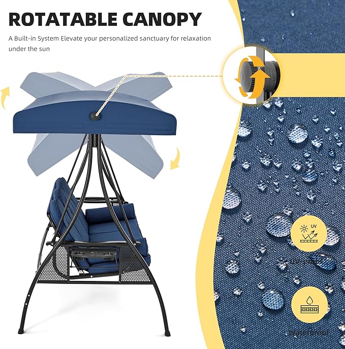 HOMREST 3 Seat Outdoor Porch Swing with 1.5" Deepened Cup Holder, Adjustable Canopy, Patio Swing Bed with Stand - Photo 2