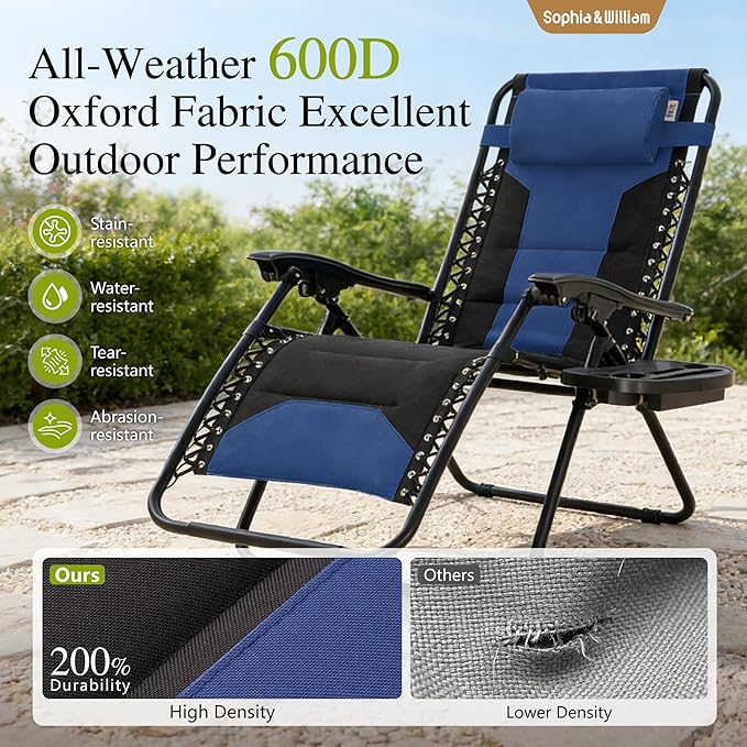 Sophia & William Oversized XL Zero Gravity Recliner Chair Set of 2 Padded, Folding Reclining Lounge Chair with Wide Armrest and Cup Holder, Support 400 LBS, Blue