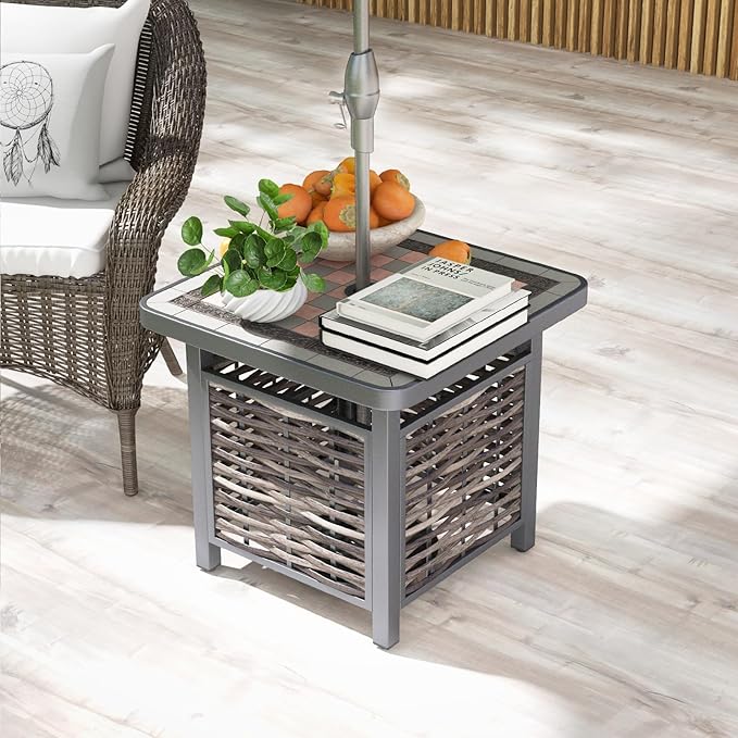 Tangkula 21.5 Inches Outdoor PE Rattan Side Table, All Weather Patio Square End Table with Resin Tabletop, Umbrella Hole, Metal Frame, Outdoor Coffee Table for Garden, Backyard, Balcony, Poolside