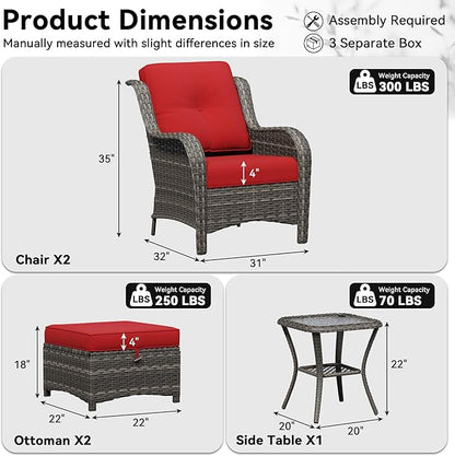 5 Piece Outdoor Wicker Patio Furniture Set, Patio Chairs Set with Thickened Olefin Cushions, High Back and Deep Seating, Hand-Woven PE Rattan, Ottoman for Porch, Deck