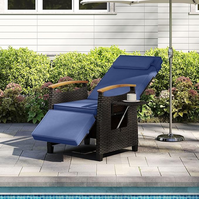 LDAILY Moccha Wicker Outdoor Recliner Chair - Rattan Lounge Chair with Adjustable Backrest & Footrest, Flip Side Table - Photo 1