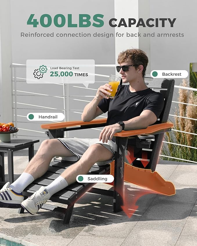 Folding Adirondack Chair with Retractable Ottoman Weather Resistant Fire Pit Chair Patio Chair with 2 Cup Holder Lawn Outdoor Lounge Chair (Black)