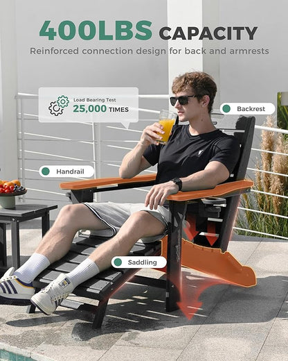 Folding Adirondack Chair with Retractable Ottoman Weather Resistant Fire Pit Chair Patio Chair with 2 Cup Holder Lawn Outdoor Lounge Chair (Black)