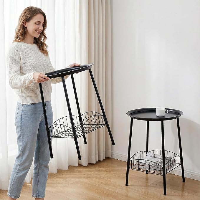2 PCS Small Outdoor Side Table, 2-Tier Round Metal Patio Table, Accent Table Waterproof, Weather Resistant End Table for Yard Porch Pool Balcony Garden Bedside