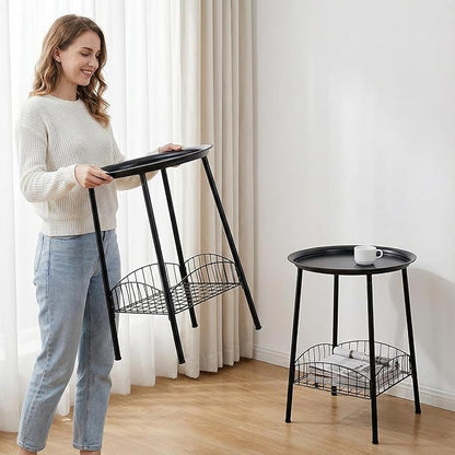 2 PCS Small Outdoor Side Table, 2-Tier Round Metal Patio Table, Accent Table Waterproof, Weather Resistant End Table for Yard Porch Pool Balcony Garden Bedside