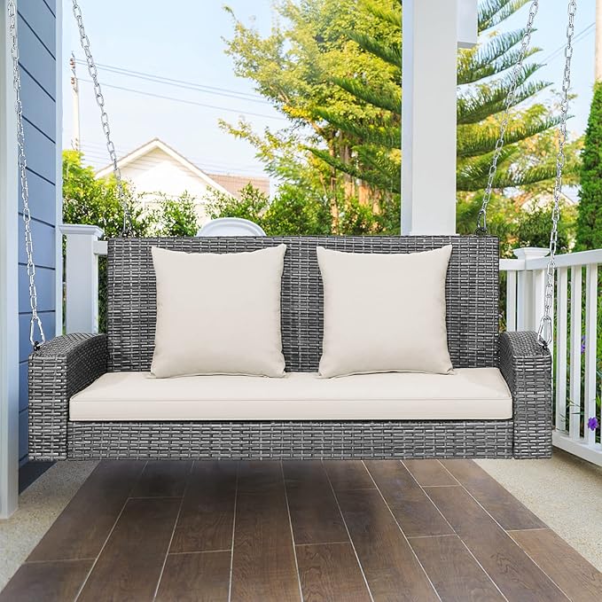 RELAX4LIFE 2-Person Porch Swing Bench - PE Rattan Outdoor Swing Chair with Comfortable Seat & Back Cushions - Photo 2