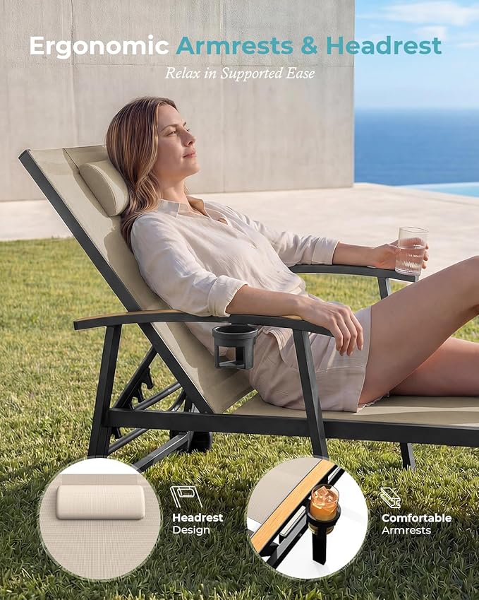 Ciokea Outdoor Lounge Chair with Pillow, 5-Position Aluminum Chaise Lounge with Wheels & Armrests - Photo 3