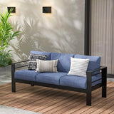 Wisteria Lane Patio Furniture Aluminum Sofa, All-Weather Outdoor 3 Seats Couch, Black Metal Chair with Blue Cushions - Photo 1