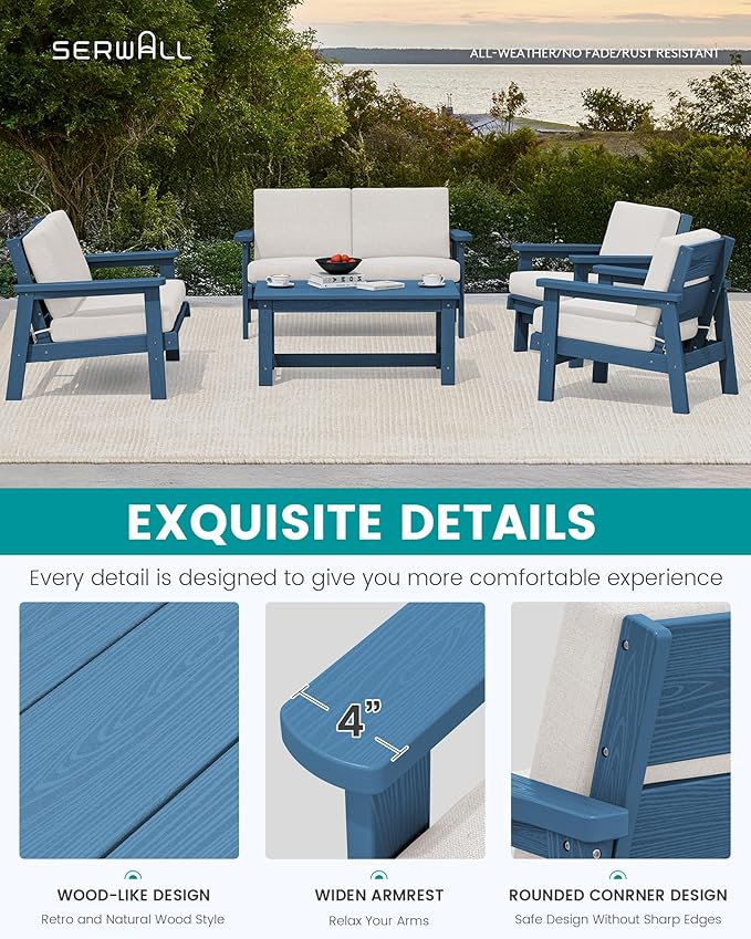 SERWALL HDPE Patio Furniture Set, 5 Piece All Weather Wood-Like Sectional Outdoor Furniture Set - Photo 4